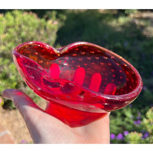 Murano Blown Glass Bowl With Bucillante Bubbles Red 6.25"x5.75"x2.25" Italy Gift - Picture 7 of 16